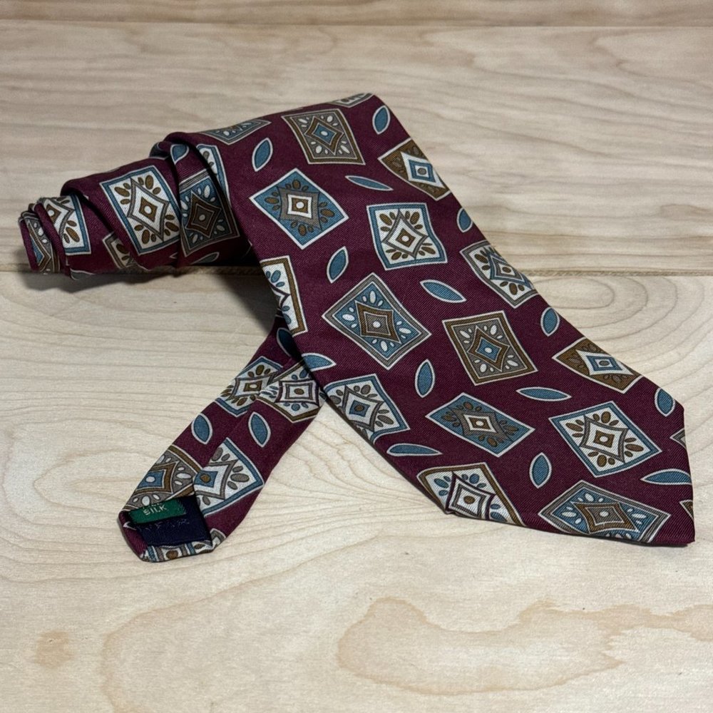 Y2K 1990s Tom James 100% Silk Handmade Necktie Tie Geometric Italian Vibes